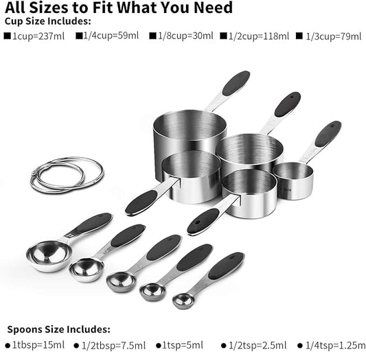 U-Taste 10 Piece Measuring Cups and Spoons Set in 18/8 Stainless Steel, and 600ºF Heat Resistant 13 inch Large Non-Stick Silicone Soup Ladle (Black)
