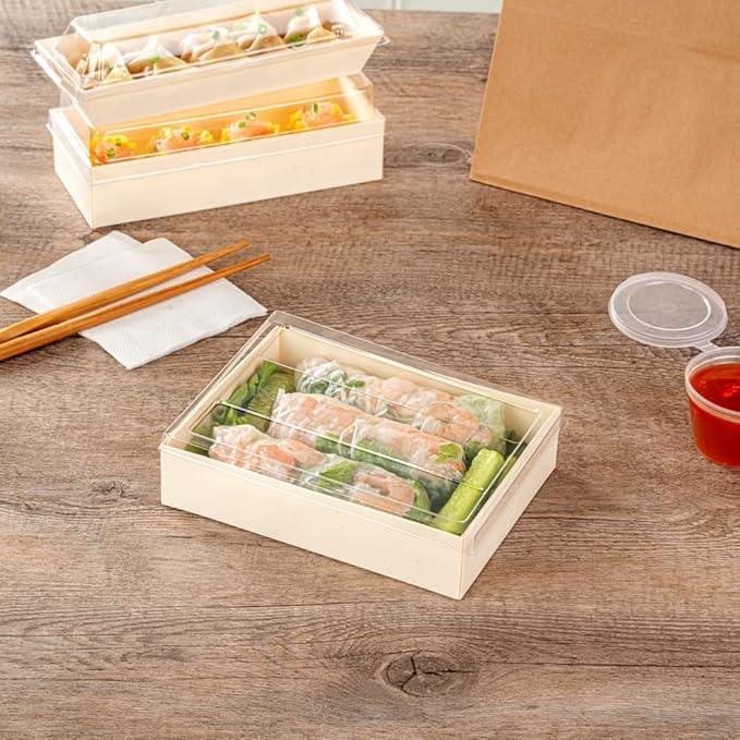 Restaurantware LIDS ONLY: Taipei 6.5 x 5 x 0.3 Inch Rectangle Transparent Lids 100 Plastic Lids For 23 Ounce Rectangle Wooden Containers - Containers Sold Separately Clear Plastic To Go Box Lids