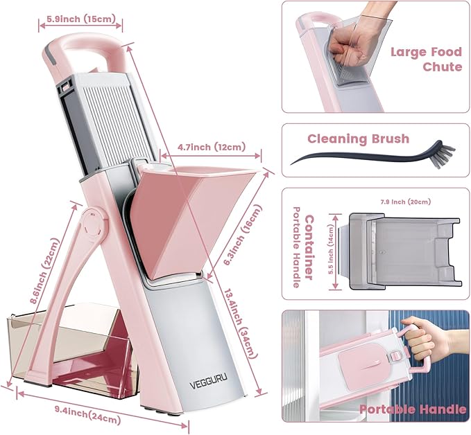 Safer Vegetable Slicer for Kitchen, Thickness Adjustable Mandloline Food chopper, Onion Chopper Potato Julienne Slicer Tomato Dicer Cutter, Kithcen Food Fruit Slicer (Pink)