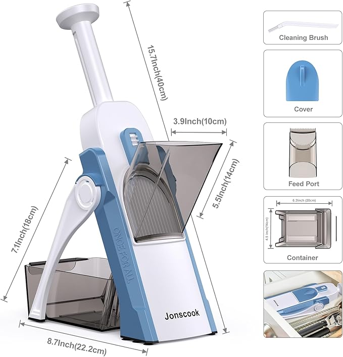 Safe Mandoline Slicer for Kitchen, Adjustable Thickness 0.1-8 mm, 5 in 1 Multi Vegetable Chopper, Potato Slicer, Food Chopper French Fry Cutte, with Paring Knife/Cleaning Brush, Mandolin (Haze Blue)