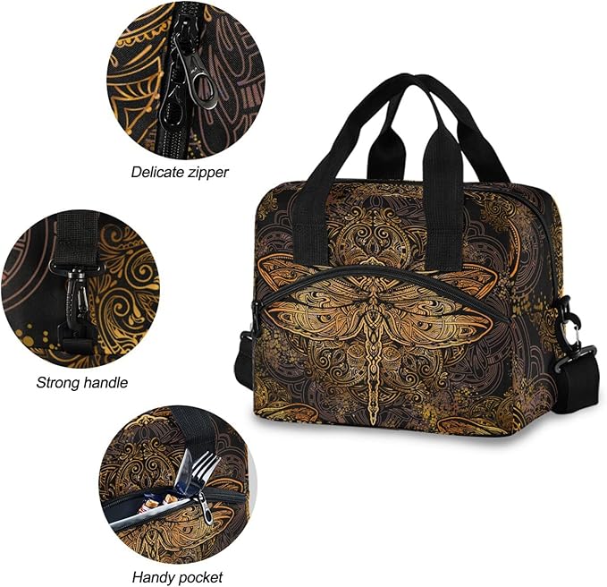 Dragonfly Mandala Insulated Lunch Bag Reusable Lunch Tote Bag Cooler Bag for Women Men Adult Lunch Box with Adjustable Shoulder Strap Leakproof Lunch Bag for Work School Picnic Camping