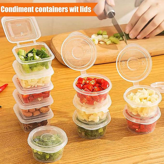 50 Sets 1 2/3 oz Square Shaped Jello Shot Cups with Lids, Small Condiment Containers, Disposable Portion Cups, Plastic Souffle Cup, Mini Sample Tasting Cups, Dipping Sauce Cup To Go Bowls, Clear