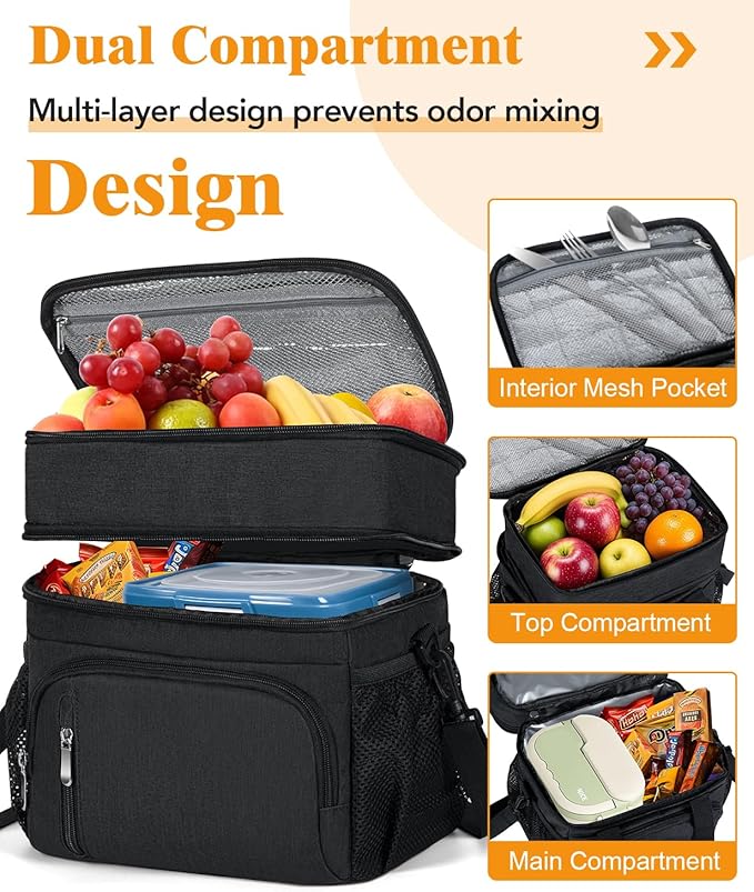 Lunch Box for Men, Double Insulated Lunch Bag Reusable Leakproof Cooler Bag Portable Picnic Food Bag, Adult Lunch Tote Lunch Bag for Work, Construction Worker, Truck Driver, Light Crew-Black