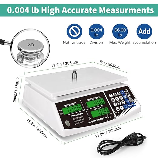 Waterproof Price Computing Scale IP68, 66lb Digital Commercial Food Meat Produce Weight Scale with Green LCD Display