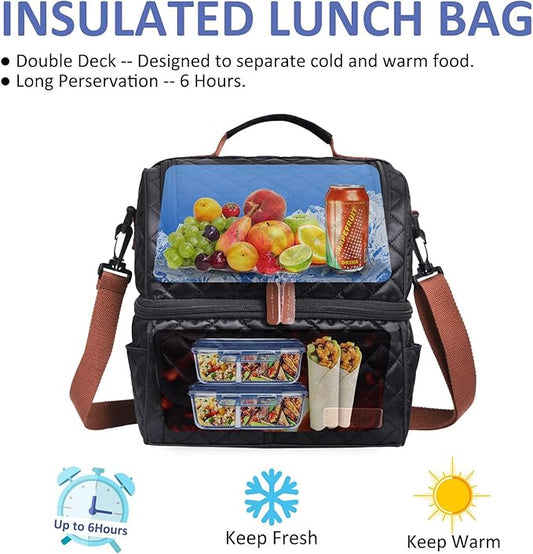 LOKASS Lunch Bags for Women Double Deck Insulated Lunch Box Large Cooler Tote Bag with Removable Shoulder Strap Wide Open Thermal Meal Prep Lunch Organizer for Men Adults Work Picnic, Black-Square