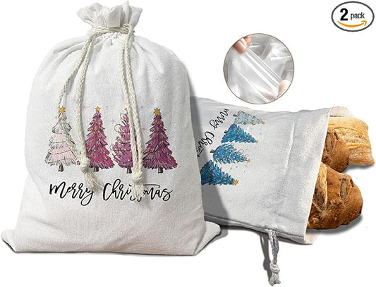 Pink Christmas Bread Bags for Homemade Bread 2Pcs,Pink Christmas Tree Decorations for Kitchen Sourdough Bread Baking Supplies Storage,Kitchen Reusable Linen Bread Boxes Pink Christmas Gifts for Women 15.5*11.8