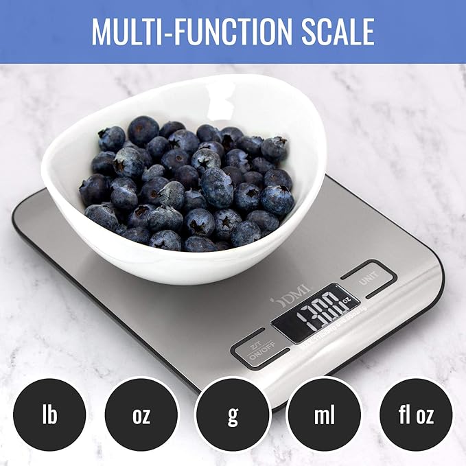DMI Digital Food Scale and Kitchen Scale for Cooking, Baking and Meal Prep, Withstands up to 11 Pounds of Weight, Measures units between oz, g, mL, lb, oz, 304 Stainless Steel
