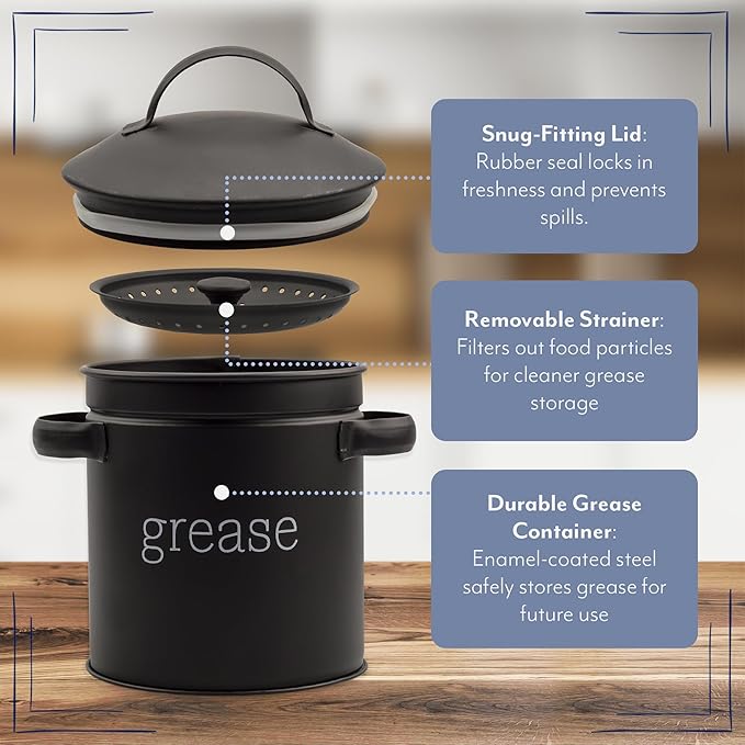 AuldHome Design Enamelware Grease Container w/Strainer (Black), Farmhouse Style Kitchen StorageTin, Labeled “Grease”