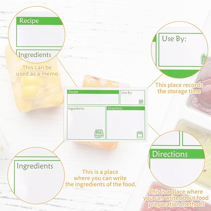 100pcs Labels for Freezer Bags Freezer Meal Labels with Instructions 3.2 X 5 inch Oil and Water Resistant Labels Food Labels for Freezer Storage for Leftovers in Fridge Freezer (Green)