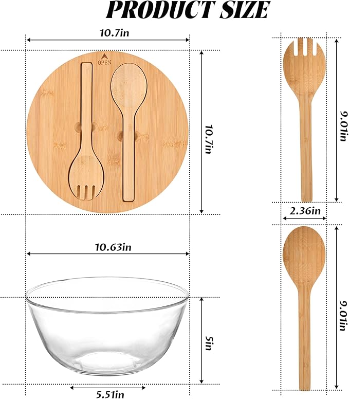10.6" Glass Salad Bowl with Sealed Lid, 4.7 Quart Large Capacity Serving and Mixing Bowls with Utensils, Versatile Serving Dish for Salads, Trifle, Fruits, Pasta, Microwave Safe
