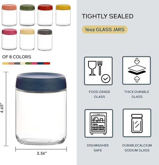 16 OZ Glass Food Jar Storage Containers with Airtight Lids, Reusable Wide Mouth Overnight Oats Glass Mason Jars for Snacks Yogurt Pudding(Multicolor 8pack)