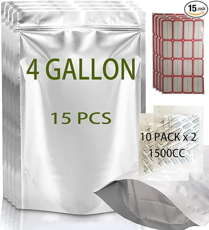 15Pk 4 Gallon Mylar Bags for Food Storage and 20 x 1500cc Oxygen Absorbers, 10 Mil Packaging Bags for Food Storage, Zipper Resealable Pouches Heat Sealable Stand Up Bags
