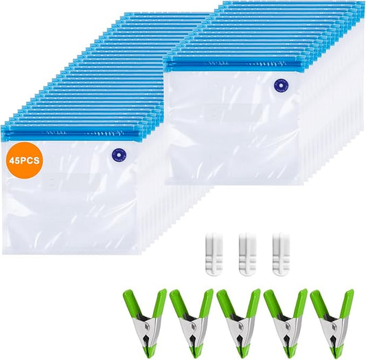 Reusable Sous Vide Bags 53Pcs BPA-Free, 2.9L Vacuum Sealer Bags for Cooking & Microwave, 45 Zipper Bags, 3 Seal Clips ＆ 5 Cooking Clips, Heat-Resistant & Leakproof (10x11in)