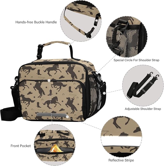 Pfrewn Lunch Box for Kids School Students Wild West Cowboy Horses Insulated Lunch Bag with Shoulder Strap for Office Adults Reusable Cooler Bags Lunch Tote for Girls Boys Teens