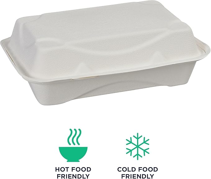 Eco-Products Compostable Vanguard 9"x6" Clamshell To Go Containers, Case of 250, Take Out Food Box, White Renewable Molded Fiber, No-Added PFAS, Grease & Cut Resistant, ASTM Compliant, BPI-Certified