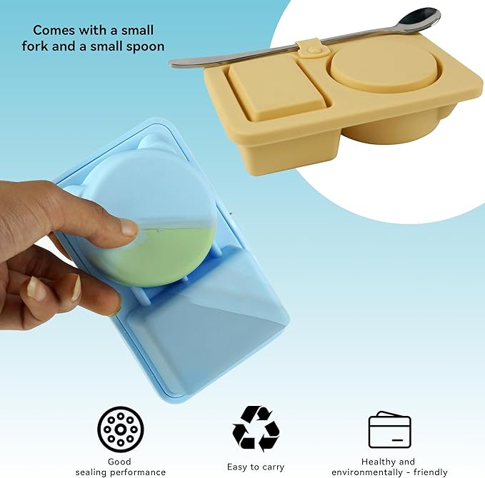 2Pcs Silicone Reusable Snack Containers, 2-Compartment Dipping Containers with Lid,For refrigerated, outdoor takeout, portion controlled snack sauce containers (Yellow+Blue,2Pcs)