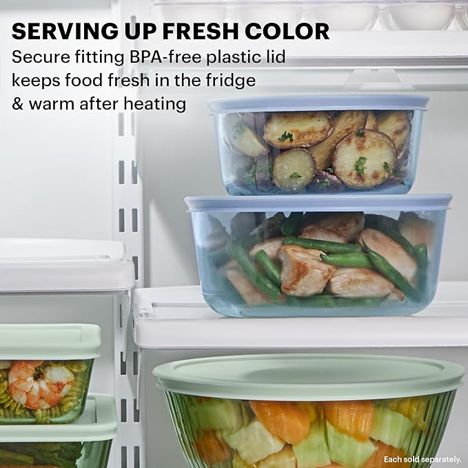 Pyrex Year of Colors (3-Pack) Tinted Glass Food Storage Containers Set, (2, 4 & 7 Cup) Meal Prep Containers With BPA-Free Lids, Dishwasher & Microwave Safe, Blue