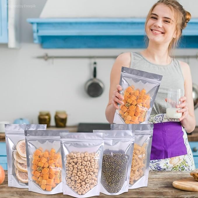100PCS 6"X9" Clear Front & Aluminum Foil Back Mylar Bags for Food Storage,Smell Proof Stand Up Ziplock Pouch,Resealable Bags for Small Business Packaging Candy Coffee Bean Nuts Cookie