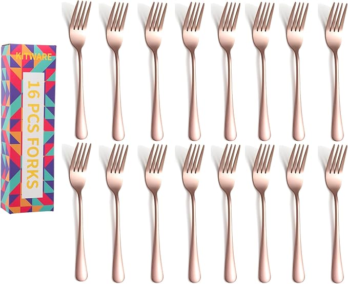 Rose Gold Dinner Forks, Stainless Steel Silverware Forks Only, Home Kitchen Cutlery Forks, 16 Pieces Modern Forks Set, Restaurant Quality Flatware Forks, Dishwasher Safe - 8 Inch