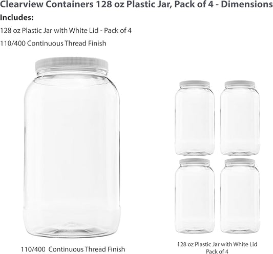 4 Pack of 128 Ounce Plastic Gallon Jars with 110/400 Leak Proof Seal Lid - Food Grade and BPA Free (128oz, 4pk)