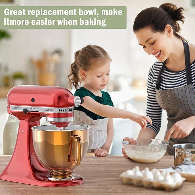 5QT Stainless Steel Mixer Bowl Compatible with Kitchenaid Stand Mixers, Kitchenaid Mixing Bowl Replacement Bowl for 4.5-5 QT Tilt-Head Mixer with Handle, Rose gold
