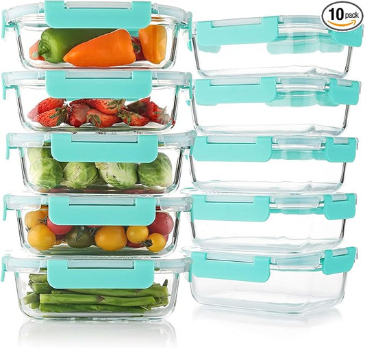10 Pack 22 Oz Glass Meal Prep Containers with Lids, Reusable Glass Food Storage Containers with Lids, Leak Proof, Microwave, Oven, Freezer and Dishwasher Safe (Green)