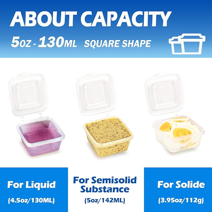 5 oz Small Plastic Containers with Lids (100pack), Food Storage Condiment Containers with Lids, Portion Cups, Jello Shot Sauce Cups (Square)