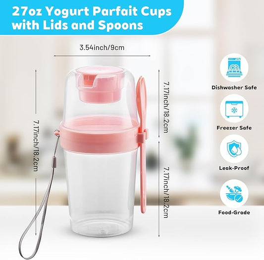 TINSKY 4 Pack 27oz Yogurt Parfait Cups with Lids and Spoons, Overnight Oats Containers, Reusable Topping Compartment for Breakfast with Yogurt, Cereal or Oatmeal On-the-Go