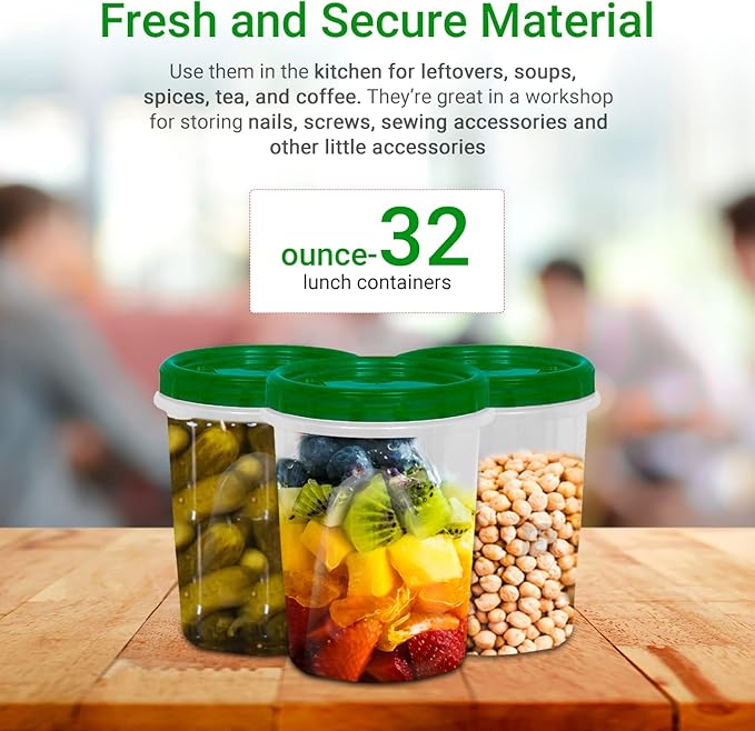 [Green - 12 Pk] Airtight Deli Containers with Lids Twist Lock Top Clear Food Storage for Meal Prep Snacks and Leftovers Freezer and Microwave Safe Stackable Leak-Resistant and 12 Pc. Set (32 Ounce)