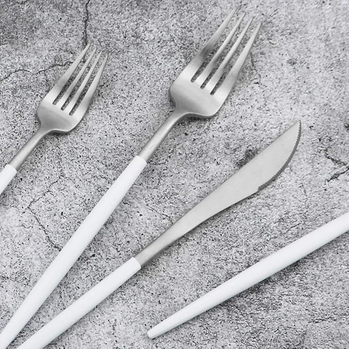 20-Piece 18/10 Stainless Steel Flatware Silverware, Luxury Dinnerware Set Travel Cutlery Tableware Include Knife Fork Spoon Service for 4, Dishwasher Safe (White Handle Matte Silver)