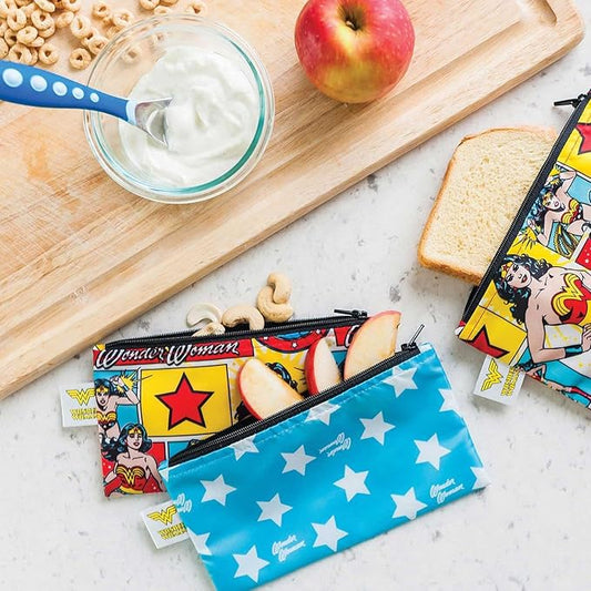 Bumkins Reusable Snack Bags, for Kids School Lunch and for Adults Portion, Washable Fabric, Waterproof Cloth Zip Bag, Supplies Travel Pouch, Food-Safe, 2-pk Wonder Woman DC Comics