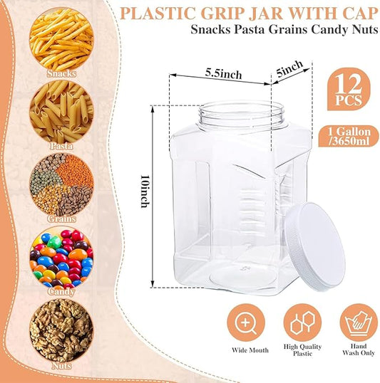 12 Packs 1 Gallon Plastic Grip Jar with Cap Clear Storage Containers Grip Jars Multi-use Empty Containers Household Dried Food Canisters BPA Free for Kitchen Fermentation Food Storage (White Lid)
