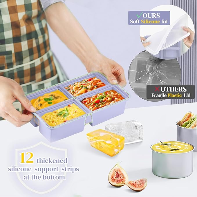 2pack Silicone Freezer Trays With Lid, 1 Cup Silicone Molds, Freezer Molds For Soup, Broth, Leftovers, Microwave-safe Container - Purple