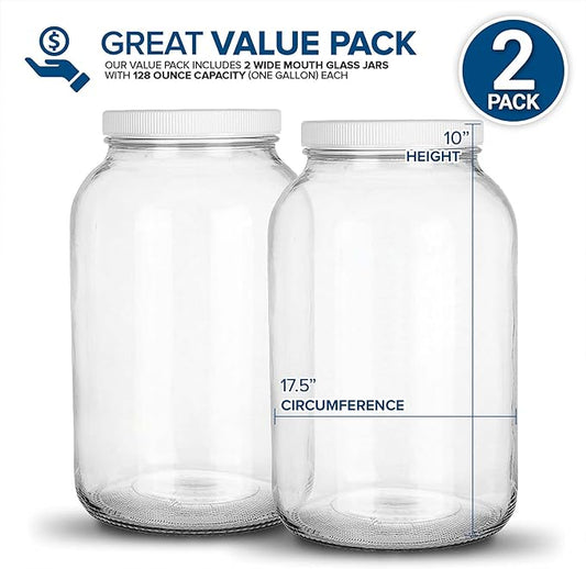 Stock Your Home 128 Oz Glass Jar with Plastic Airtight Lid (2 Pack) - 1 Gallon Glass Jar for pickling, fermentation, brewing, food storage