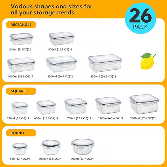 52 PCS Food Storage Containers Set with Airtight Lids (26 Lids &26 Containers) - BPA-Free Plastic Food Container for Kitchen Storage Organization, Salad Fruit Lunch Containers with Labels & Marker