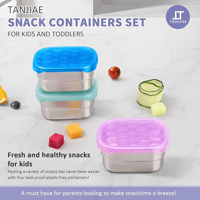 Kids Snack Pro - Stainless Steel Snack Containers for Kids | Easy Open Leak Proof Small Food Containers with Silicone Lids - Perfect Metal Toddler Lunch Box for Daycare and School (8oz*3)