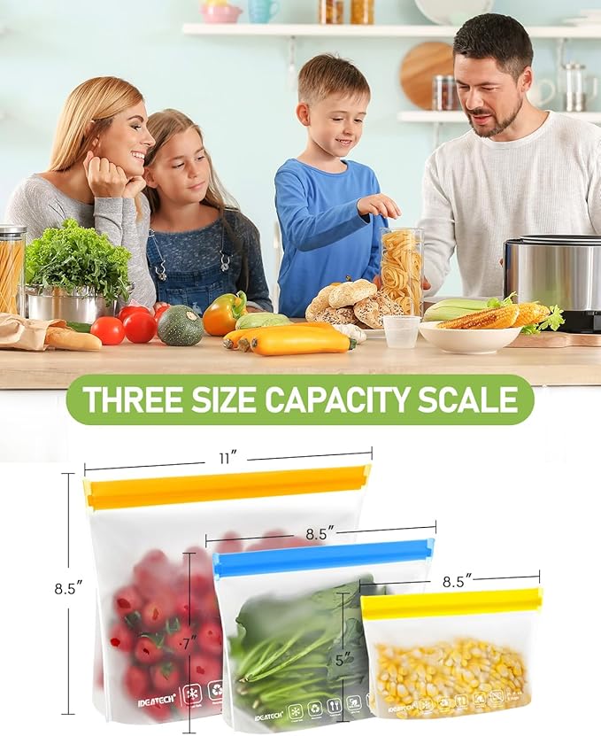 IDEATECH Sandwich Food Storage Bags, BPA Free PEVA Reusable Gallon Freezer Bags, Reusable Sandwich Bag, Healthy Food Containers for Lunch, Travel (Grey, 12Pack-7Gallon+5Quart)