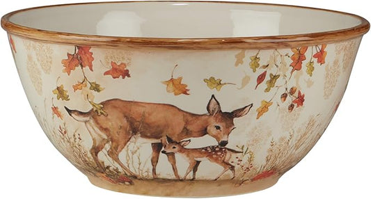 Pine Forest 152 oz. Ceramic Deep Serving Bowl – Large Woodland Forest Themed Bowl with Deer and Autumn Leaves for Mixing, Serving Pasta, Fruit, Holiday Meals, Harvest Sides, or Seasonal Entertaining