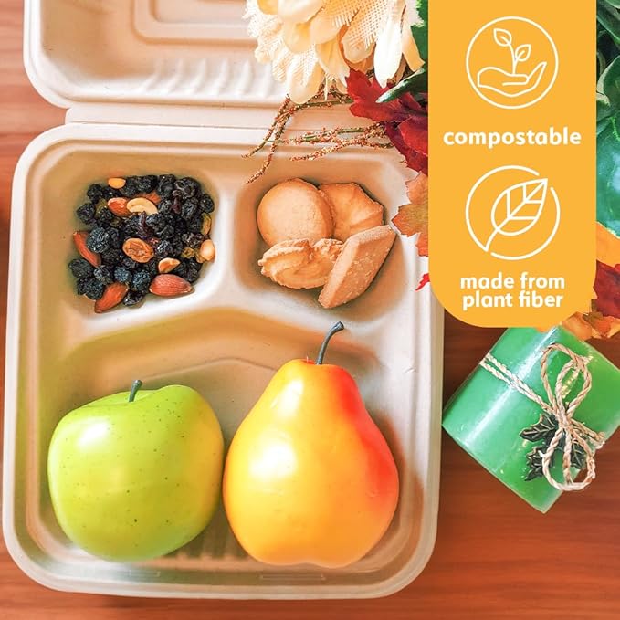 100% Compostable Disposable Food Containers with Lids [8”X8” 3-Comp 200 Pack] Eco-Friendly Take-Out TO-GO Containers, Heavy-Duty, Biodegradable, Unbleached by Earth's Natural Alternative