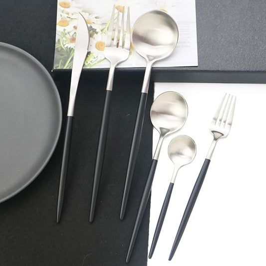 JASHII 18/10 Black Handle Flatware Silver Silverware Set 304 Stainless Steel Flatware Cutlery Set| 6-Piece Adaline Royal Modern Satin Finish| BEST Birthday Wedding Gift (Black Handle Matte Silver)