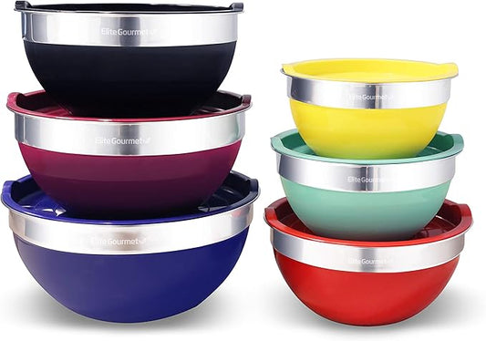 Elite Gourmet by EBS-0012 12-Piece Stainless Steel Interior Colored Stackable Nesting Mixing Bowls with Airtight Lids (Set of 6) Space Saving Food Storage, Baking, Melting Chocolate, Multi-Colors