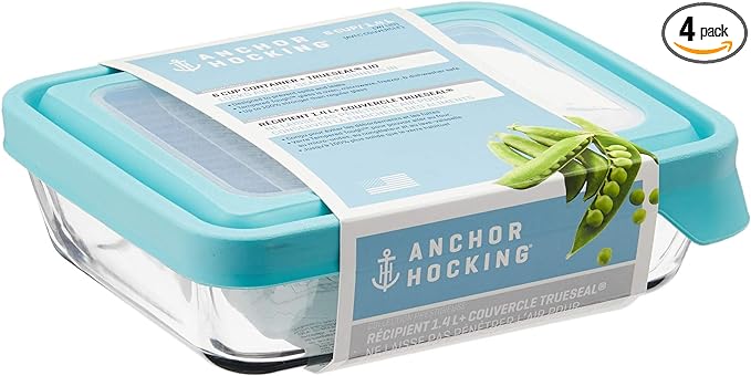 Anchor Hocking TrueSeal Glass Food Storage Containers with Mineral Blue Airtight Lids, 6 Cup Capacity (48 Oz), Rectangle, Pack of 4