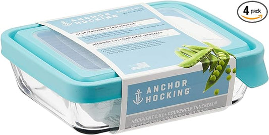 Anchor Hocking TrueSeal Glass Food Storage Containers with Mineral Blue Airtight Lids, 6 Cup Capacity (48 Oz), Rectangle, Pack of 4