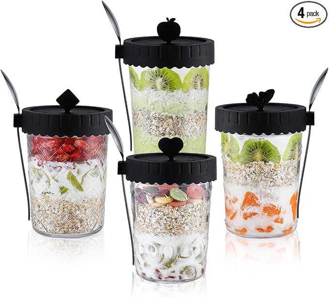 Glass food Jars with Lids and Spoons, 4 Pack Overnight Oat Jars with Airtight Lid, 100% Leak Proof yogurt Containers, Glass jars for BreakfastyogurtCerealSnackSoupParfait - Black