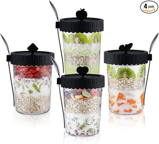 Glass food Jars with Lids and Spoons, 4 Pack Overnight Oat Jars with Airtight Lid, 100% Leak Proof yogurt Containers, Glass jars for BreakfastyogurtCerealSnackSoupParfait - Black