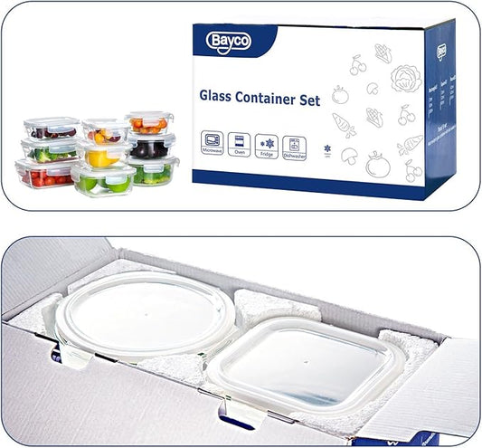 Bayco Glass Storage Containers with Lids, 9 Sets Glass Meal Prep Containers Airtight, Glass Food Storage Containers, Glass Containers for Food Storage with Lids - Leak Proof