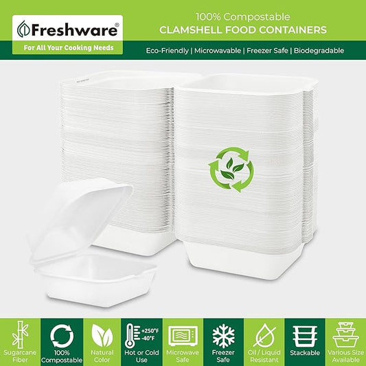 Freshware Clamshell Food Containers with Lids [6x6 50-Pack] Disposable To Go Containers, Biodegradable Sugarcane To Go Boxes - Paper Container - Microwave & Freezer Safe, Stackable