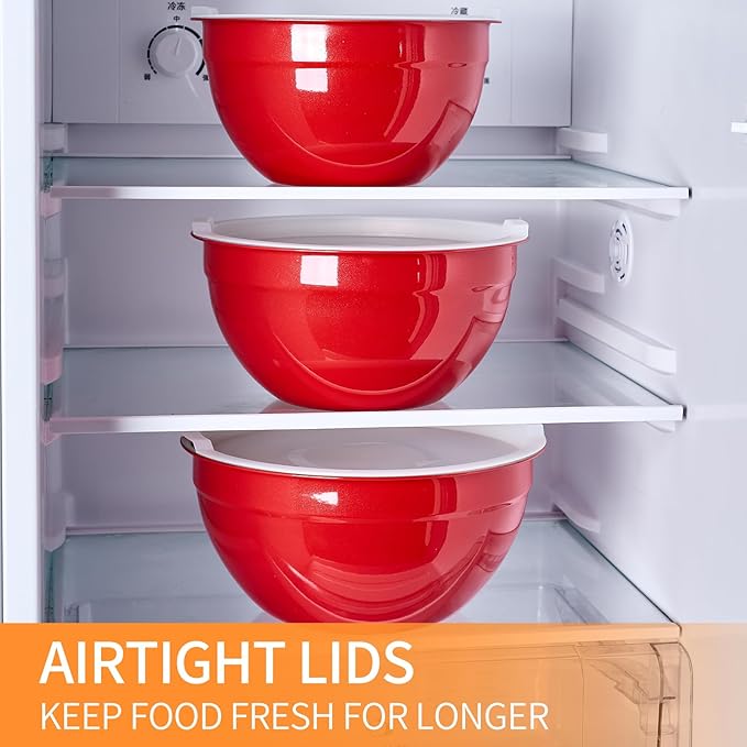 Red Mixing Bowls with Airtight Lids, Stainless Steel Nesting Mixing Bowls Set of 7, Ideal for Baking, Prepping and Serving Food, Size 7, 3.6, 2.7, 2.1, 1.5, 1.1,0.8 QT, Stackable Design