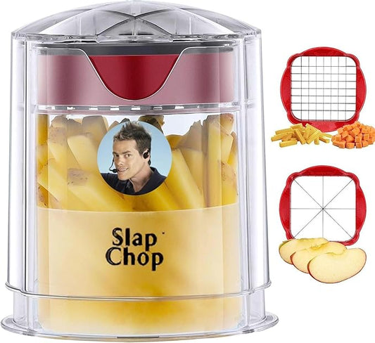 Slap Chop French Fry Potato Cutter Onion Chopper Apple Dicer - Easily Cut in Seconds - Stainless Steel Blades - No Mess Container - Slice French Fries, Fruit, and More - Dishwasher Safe