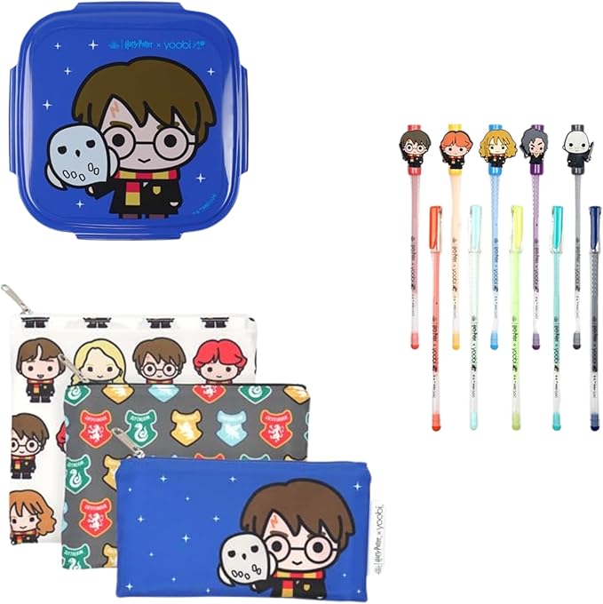 Yoobi x Harry Potter Bento Box, Snack Bags & Gel Pens Bundle – Reusable Snack Bags (3-Pack), Bento Box with Ice Pack - BPA Free, Gel Pens (10-Count) with Charms – Cute Designs for Kids & Adults